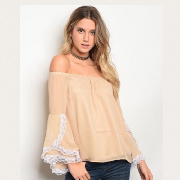 Va Va by Joy Han Beige Lace Off The Shoulder Top - Picture 2 of 3
